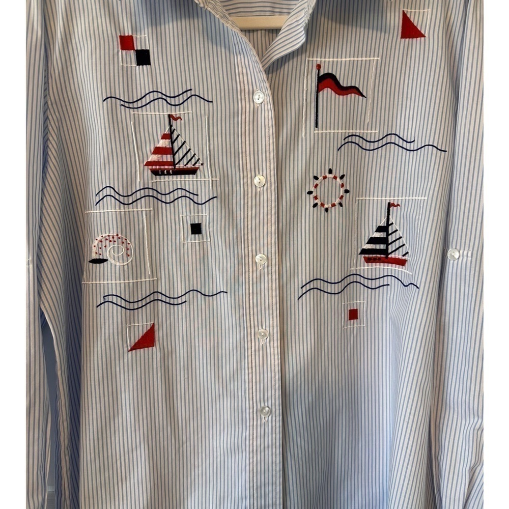 Alia Sport Nautical Boats & Stripes Vintage Button Down Blouse - Size Medium - Picture 3 of 9